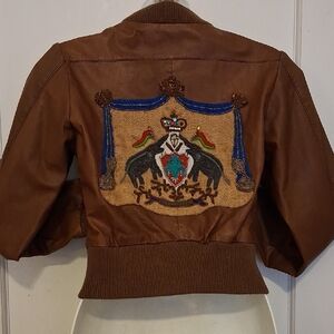 Antik Batik Tan Leather Jacket With Elaborate Embroidery On Back XS 16" Underarm